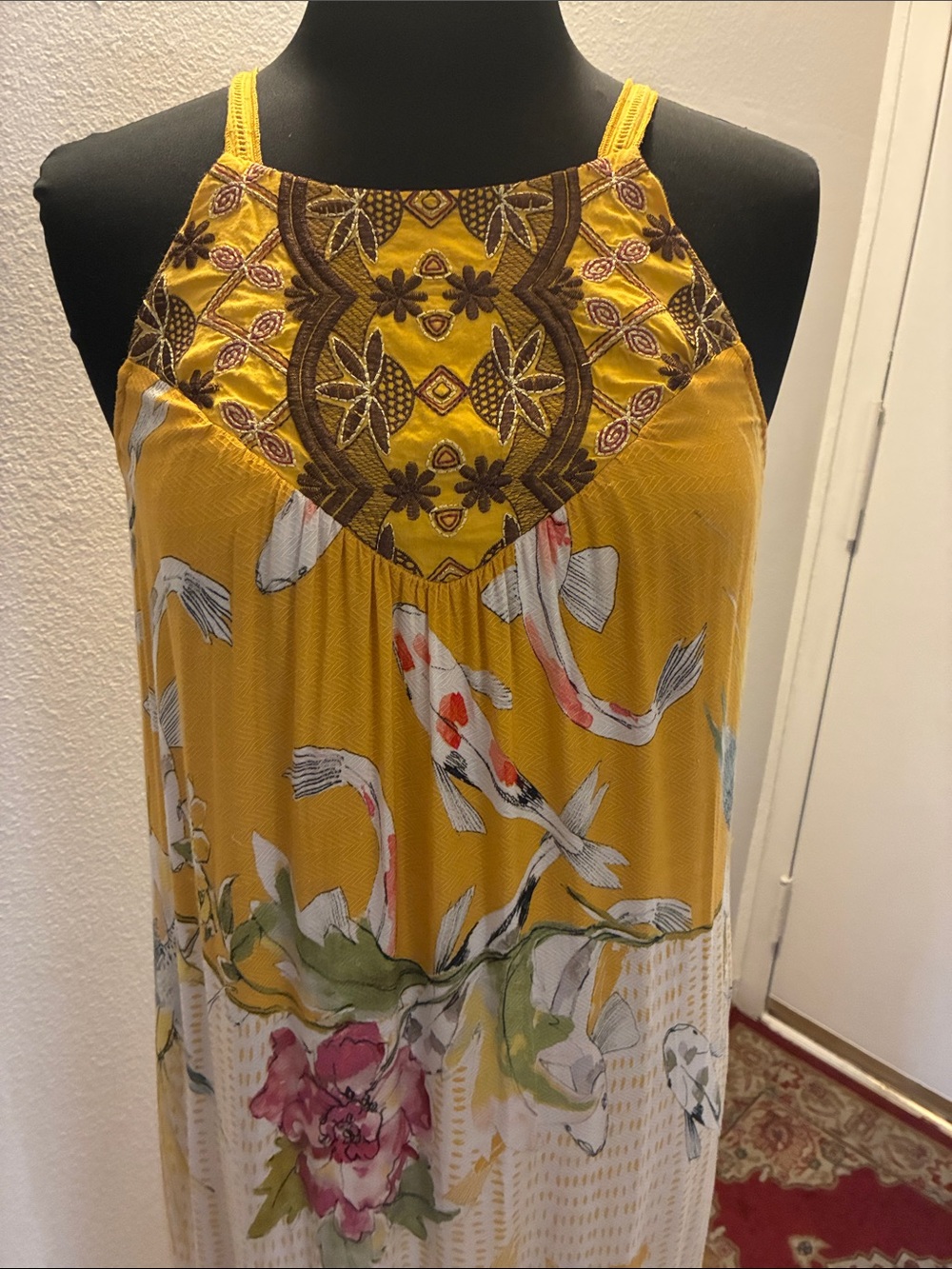 Yellow Anthropologie One September size small Floral Koi Print Halter Maxi Dress